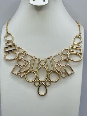 Gold Tone Geometric Statement Necklace Bold Modern Bib Adjustable